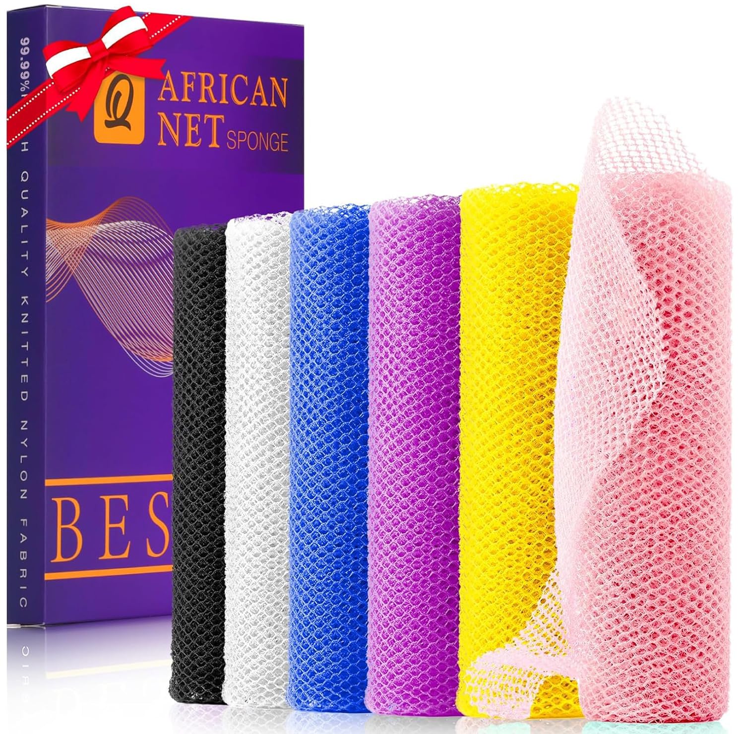 UJFQBH 3 Pieces African Bath Sponge African Net Long Net Bath Sponge Exfoliating Shower Body Scrubber Back Scrubber Skin Smoother,Great for Daily Use (Pink,Yellow,Purple)